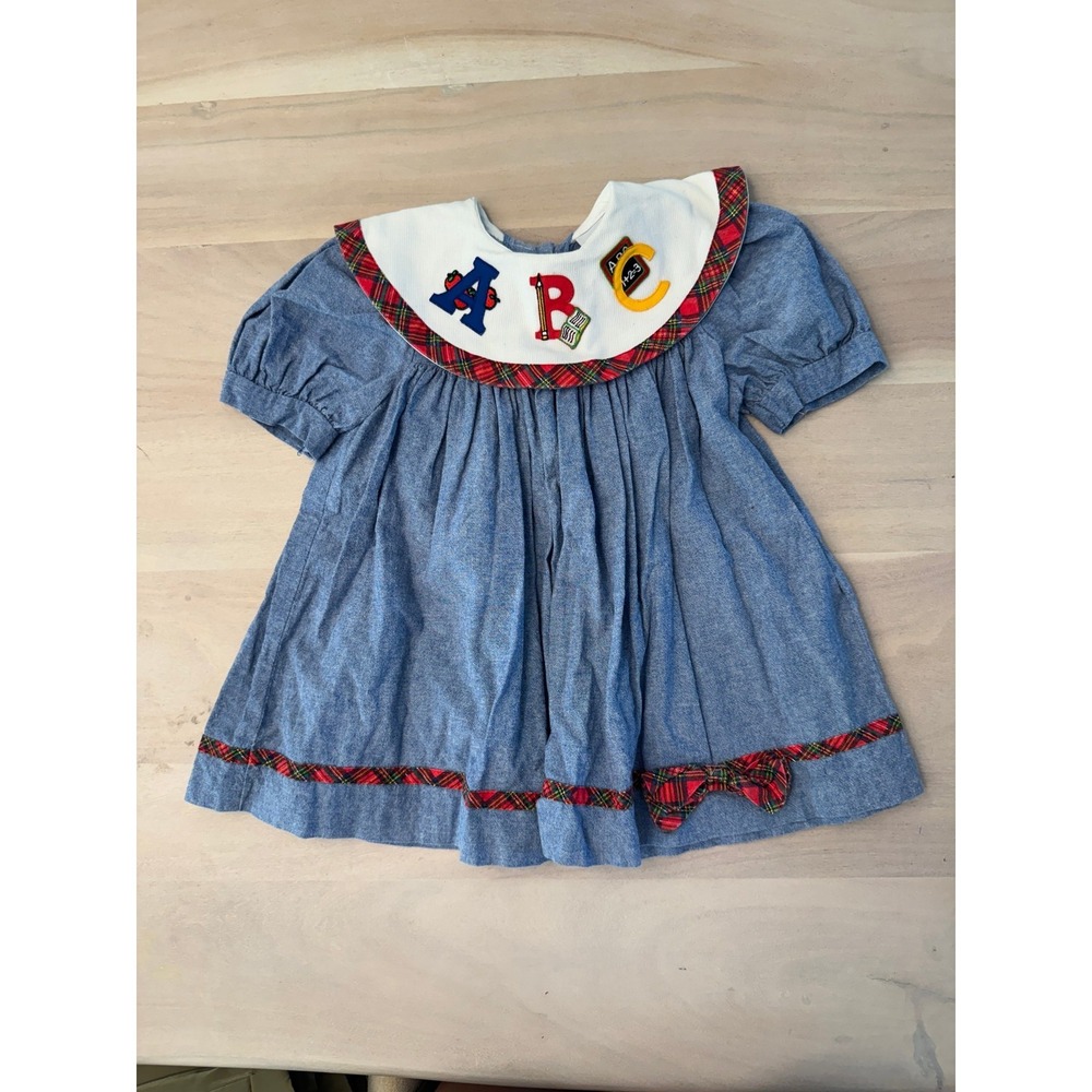 Vintage Girls Chambray Denim Dress ABC School Theme Made in USA 3T